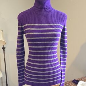 Lauren Ralph Lauren Purple and Gray Striped Turtleneck Sweater Size XS New